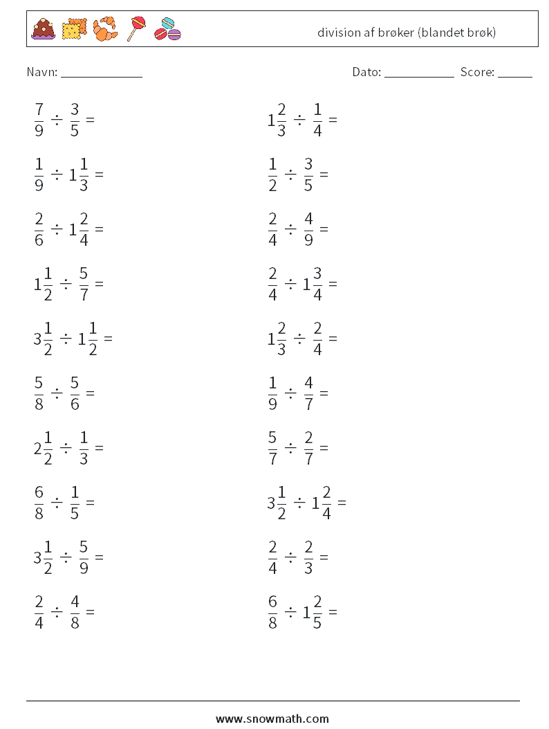 (20) division af brøker (blandet brøk) Matematiske regneark 7