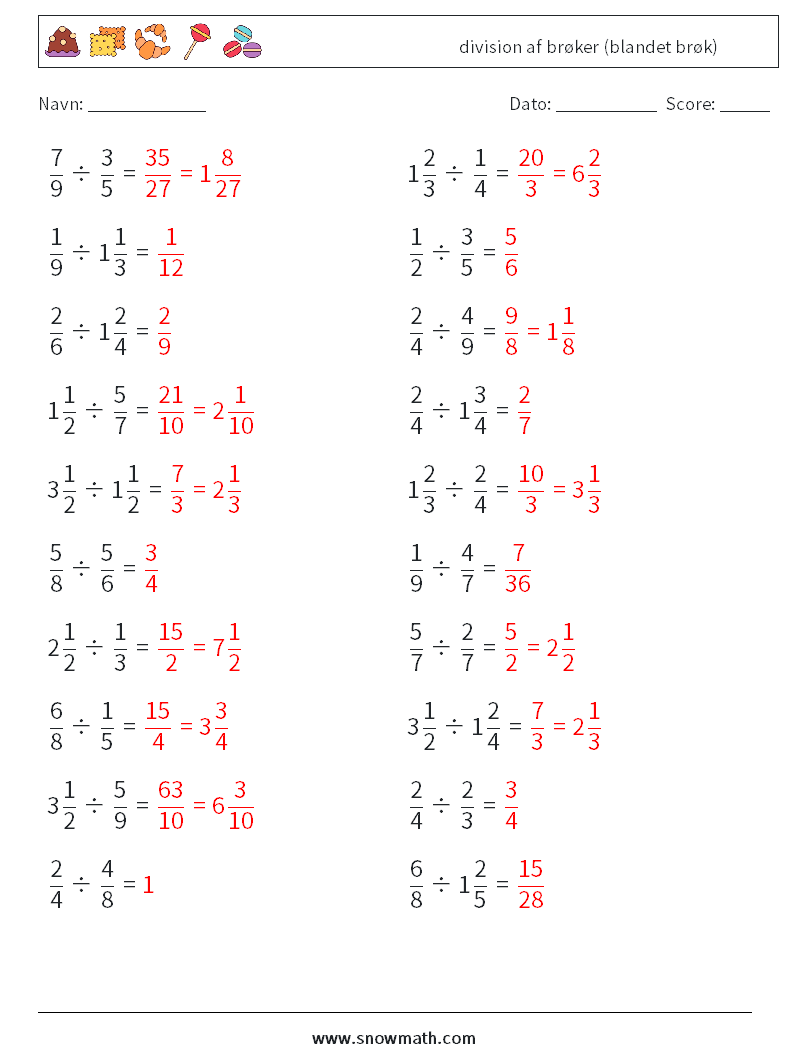 (20) division af brøker (blandet brøk) Matematiske regneark 7 Spørgsmål, svar