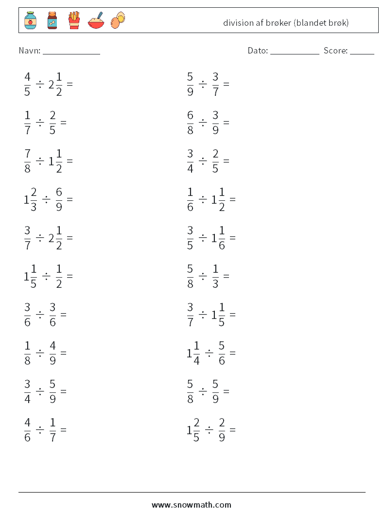 (20) division af brøker (blandet brøk) Matematiske regneark 8