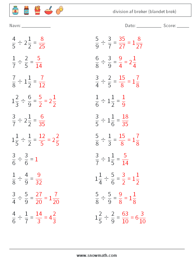(20) division af brøker (blandet brøk) Matematiske regneark 8 Spørgsmål, svar