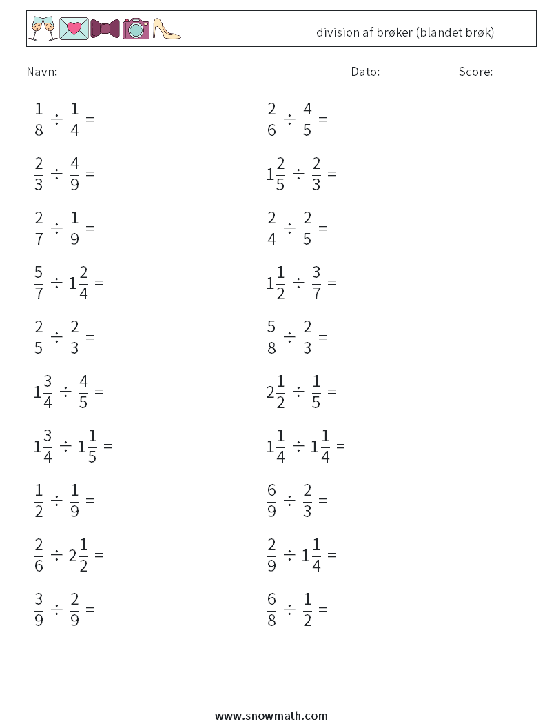 (20) division af brøker (blandet brøk) Matematiske regneark 9