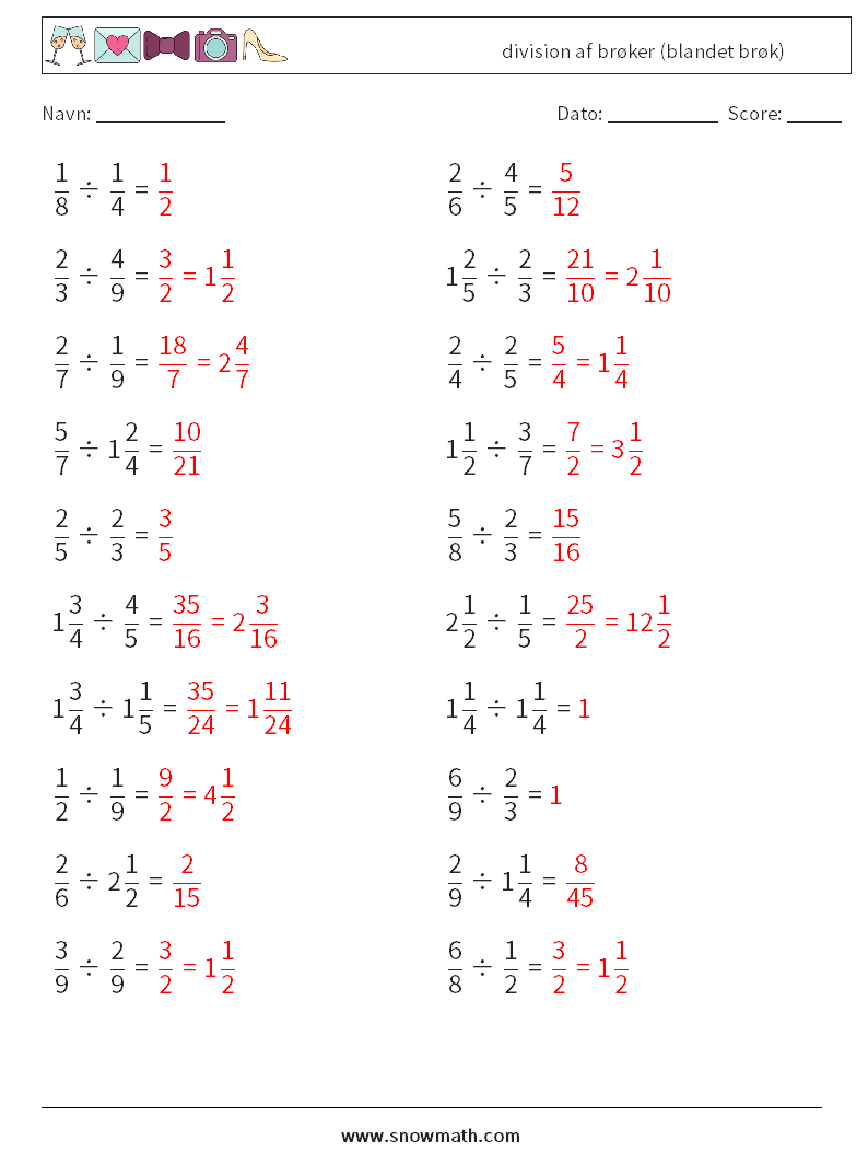 (20) division af brøker (blandet brøk) Matematiske regneark 9 Spørgsmål, svar