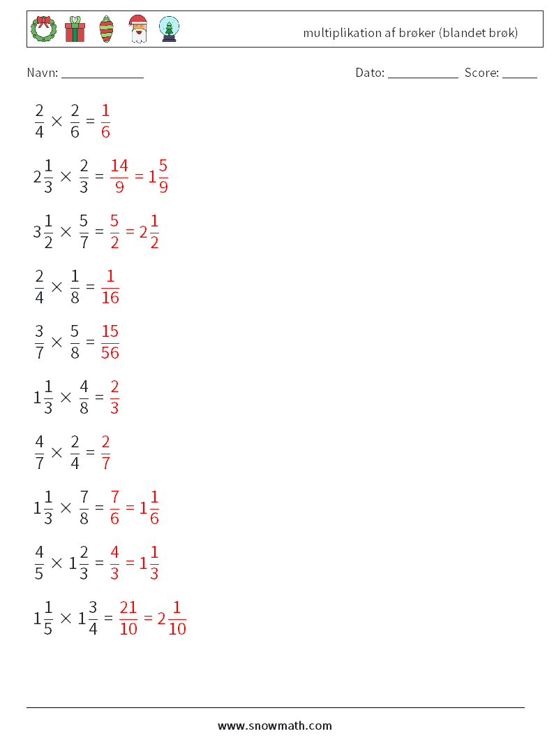 (10) multiplikation af brøker (blandet brøk) Matematiske regneark 11 Spørgsmål, svar