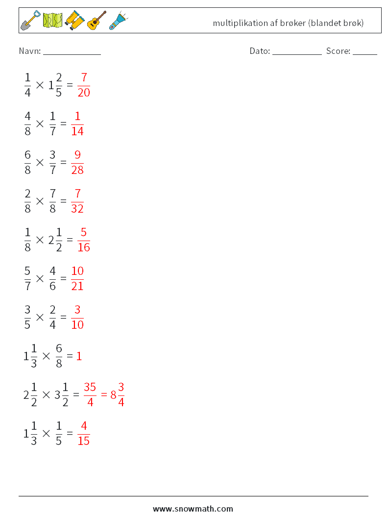 (10) multiplikation af brøker (blandet brøk) Matematiske regneark 15 Spørgsmål, svar