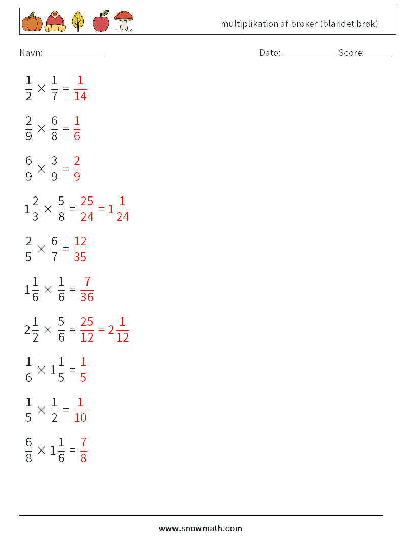 (10) multiplikation af brøker (blandet brøk) Matematiske regneark 4 Spørgsmål, svar