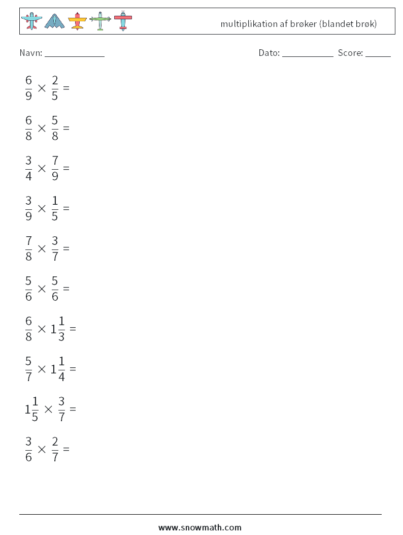 (10) multiplikation af brøker (blandet brøk) Matematiske regneark 7