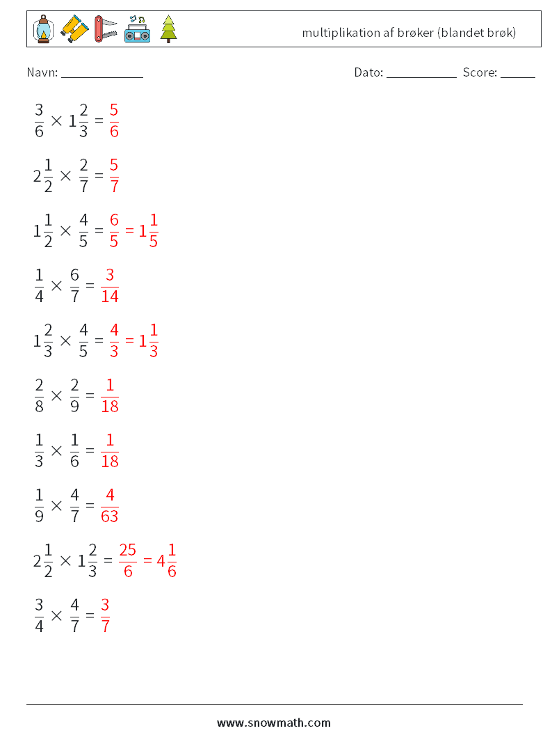 (10) multiplikation af brøker (blandet brøk) Matematiske regneark 9 Spørgsmål, svar