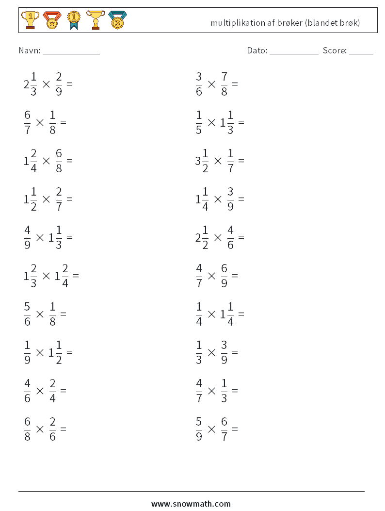 (20) multiplikation af brøker (blandet brøk) Matematiske regneark 1