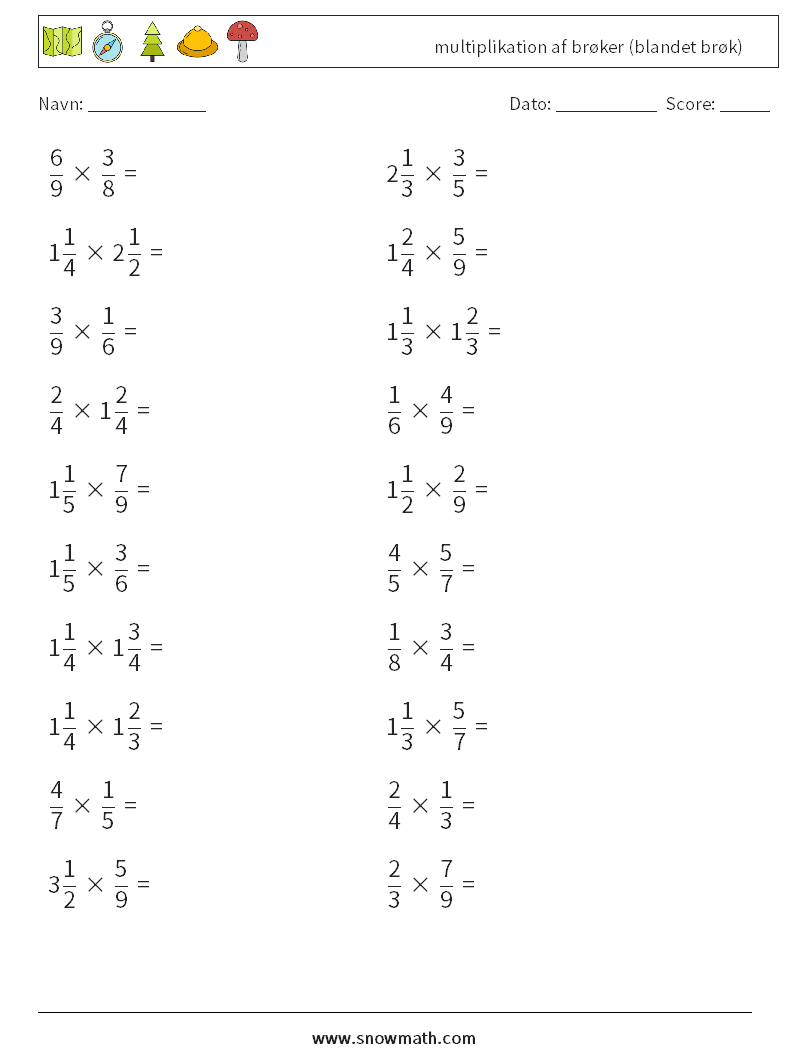 (20) multiplikation af brøker (blandet brøk) Matematiske regneark 10