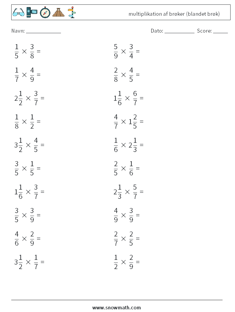 (20) multiplikation af brøker (blandet brøk) Matematiske regneark 11