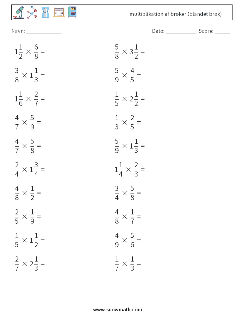 (20) multiplikation af brøker (blandet brøk) Matematiske regneark 12