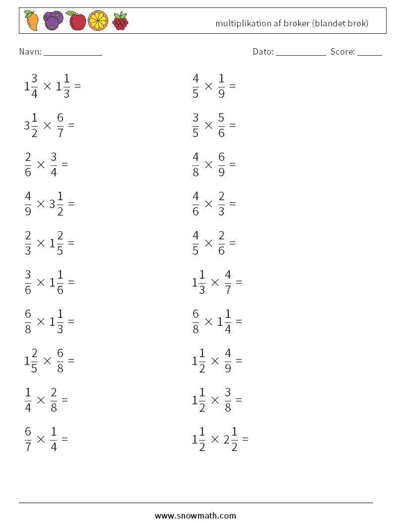 (20) multiplikation af brøker (blandet brøk) Matematiske regneark 13