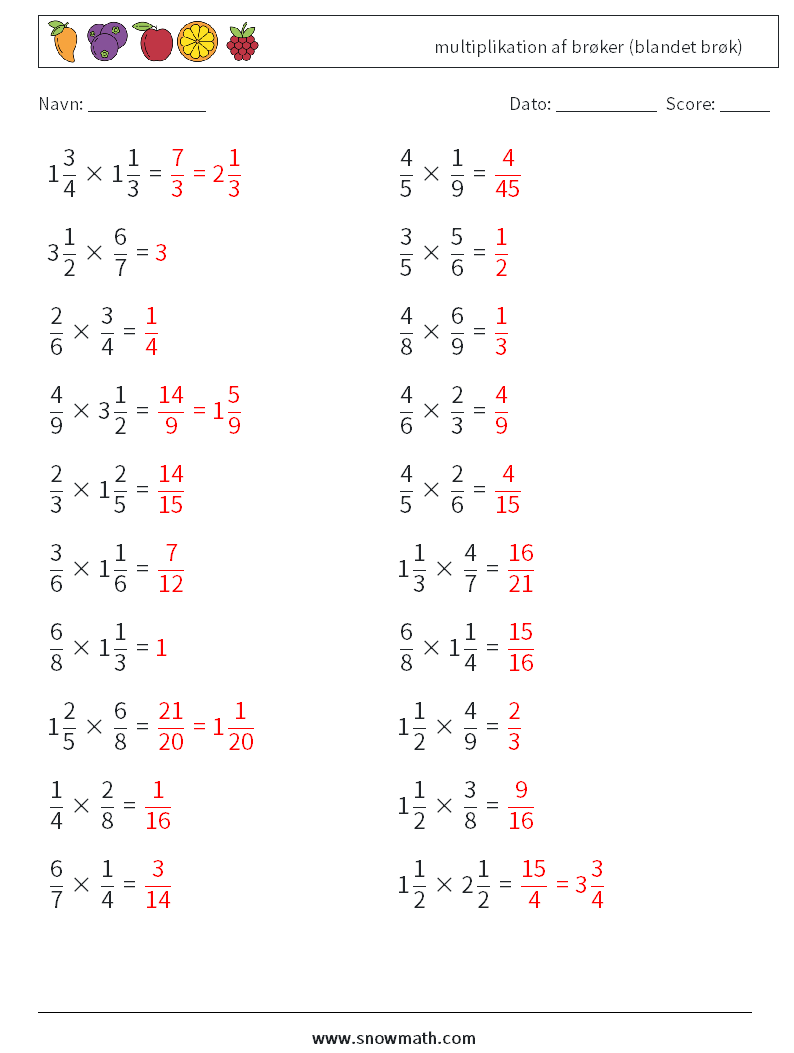 (20) multiplikation af brøker (blandet brøk) Matematiske regneark 13 Spørgsmål, svar