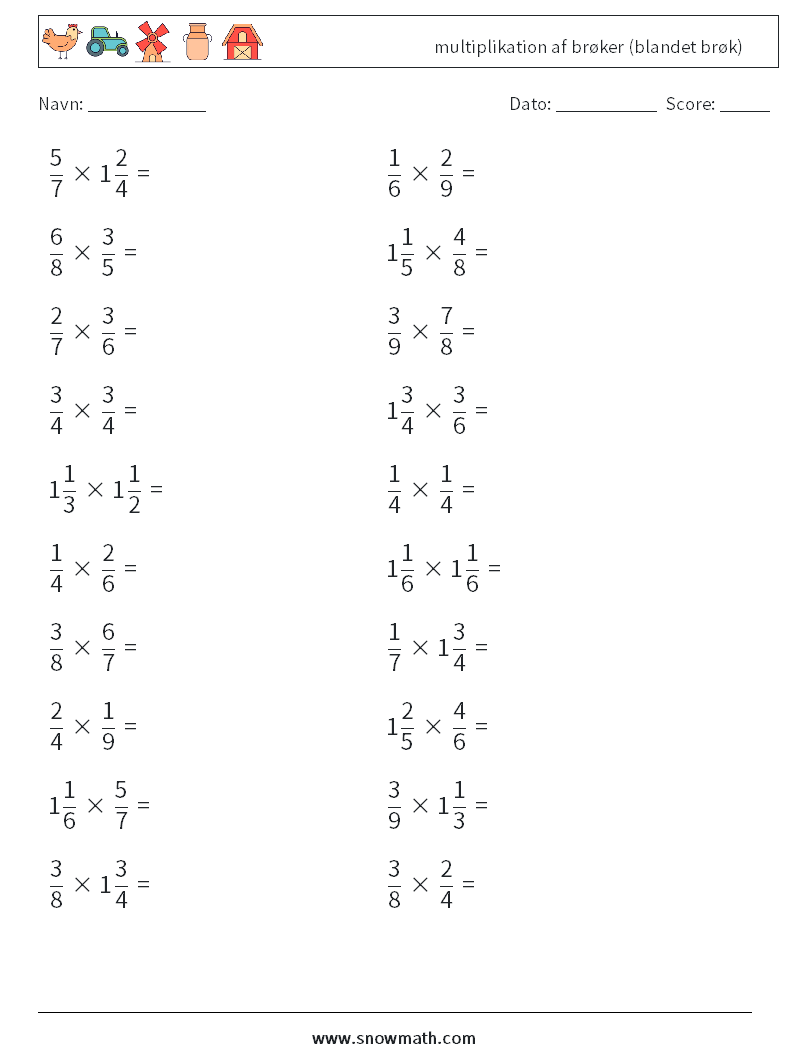 (20) multiplikation af brøker (blandet brøk) Matematiske regneark 14