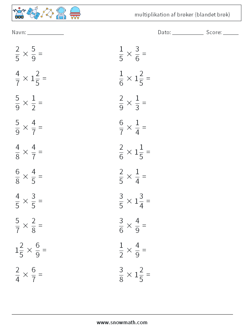 (20) multiplikation af brøker (blandet brøk) Matematiske regneark 15