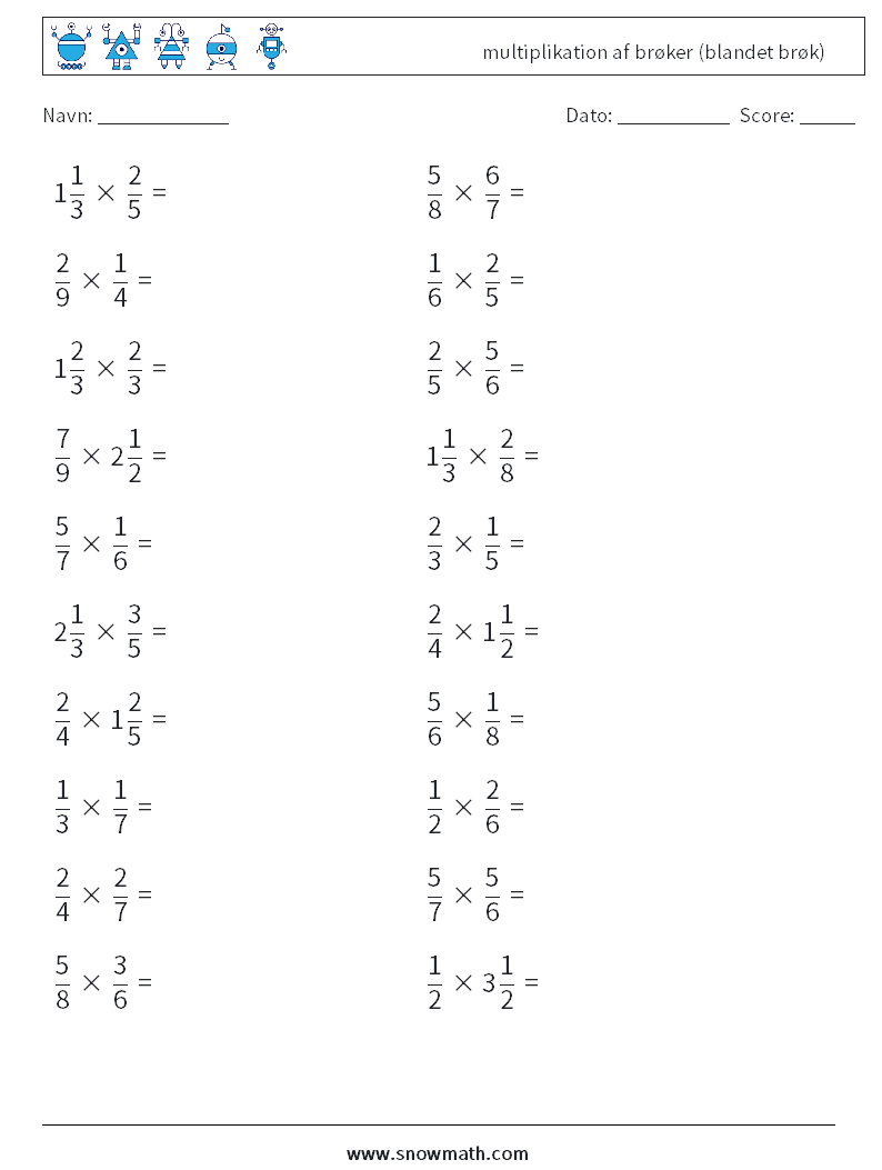 (20) multiplikation af brøker (blandet brøk) Matematiske regneark 16