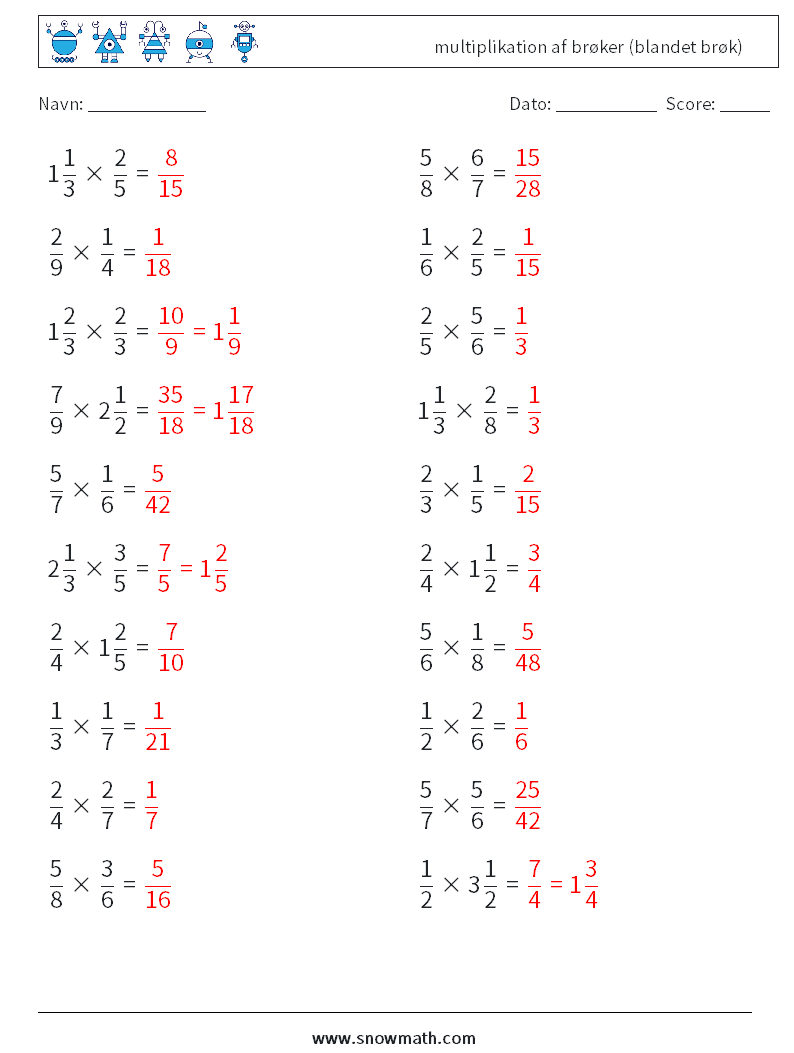 (20) multiplikation af brøker (blandet brøk) Matematiske regneark 16 Spørgsmål, svar