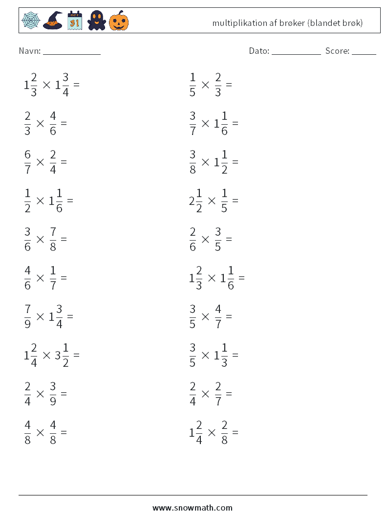 (20) multiplikation af brøker (blandet brøk) Matematiske regneark 17
