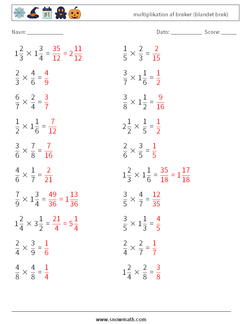 (20) multiplikation af brøker (blandet brøk) Matematiske regneark 17 Spørgsmål, svar