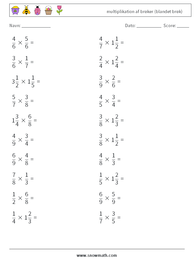 (20) multiplikation af brøker (blandet brøk) Matematiske regneark 18