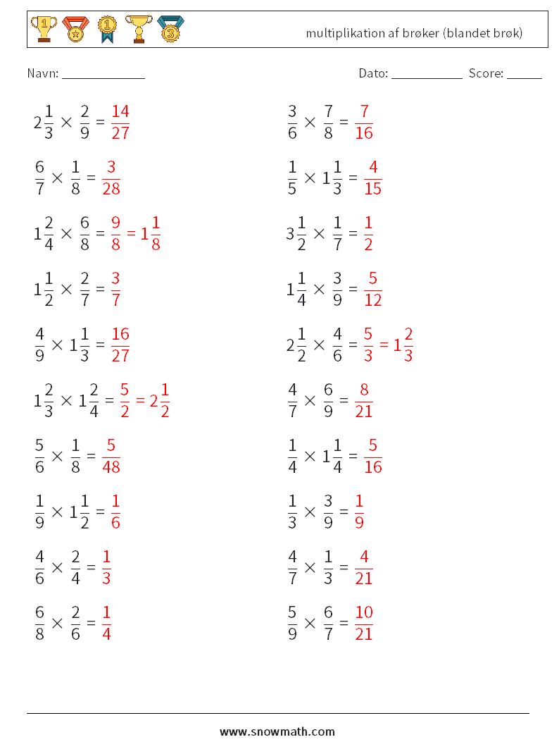 (20) multiplikation af brøker (blandet brøk) Matematiske regneark 1 Spørgsmål, svar