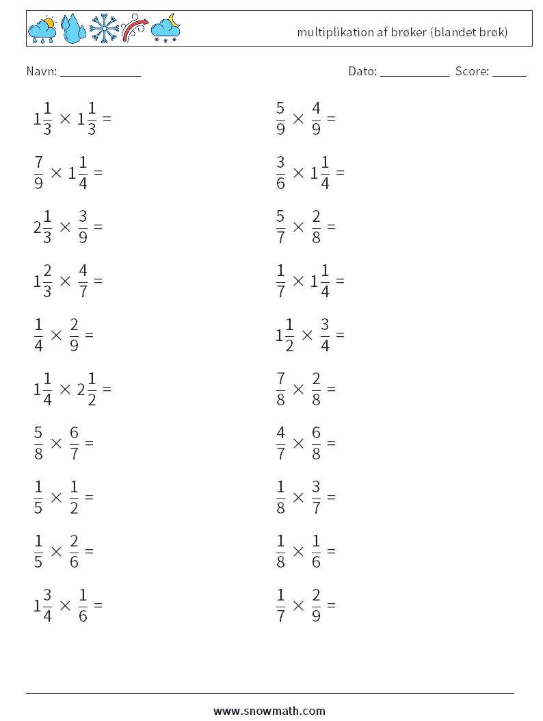 (20) multiplikation af brøker (blandet brøk) Matematiske regneark 2