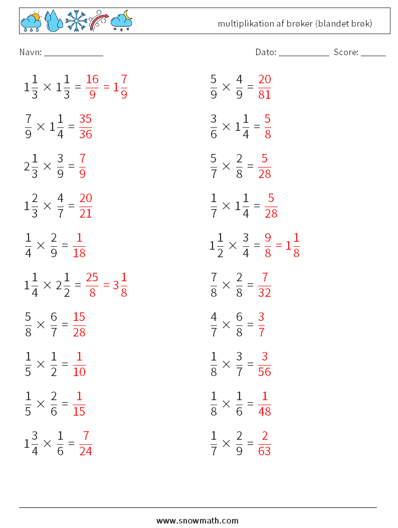 (20) multiplikation af brøker (blandet brøk) Matematiske regneark 2 Spørgsmål, svar