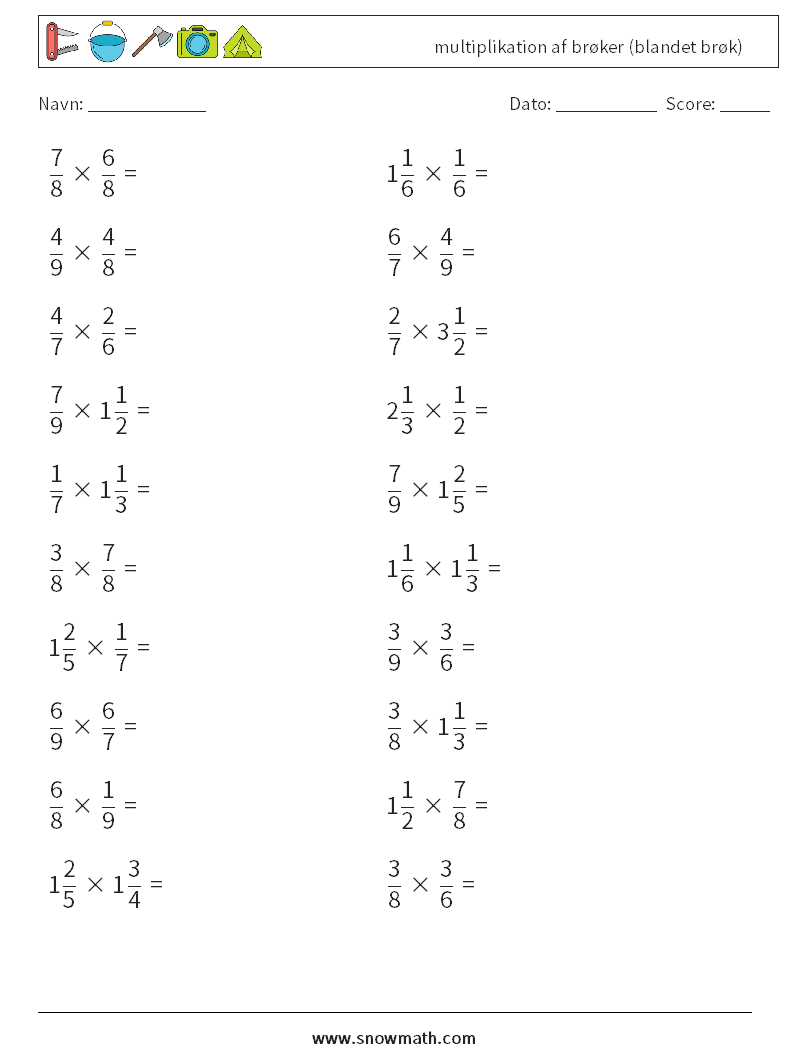 (20) multiplikation af brøker (blandet brøk) Matematiske regneark 3