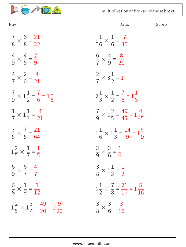 (20) multiplikation af brøker (blandet brøk) Matematiske regneark 3 Spørgsmål, svar
