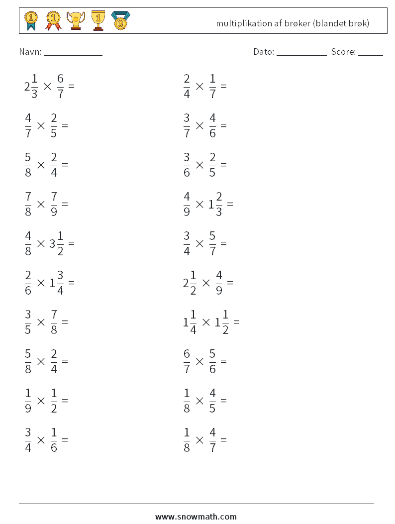 (20) multiplikation af brøker (blandet brøk) Matematiske regneark 4
