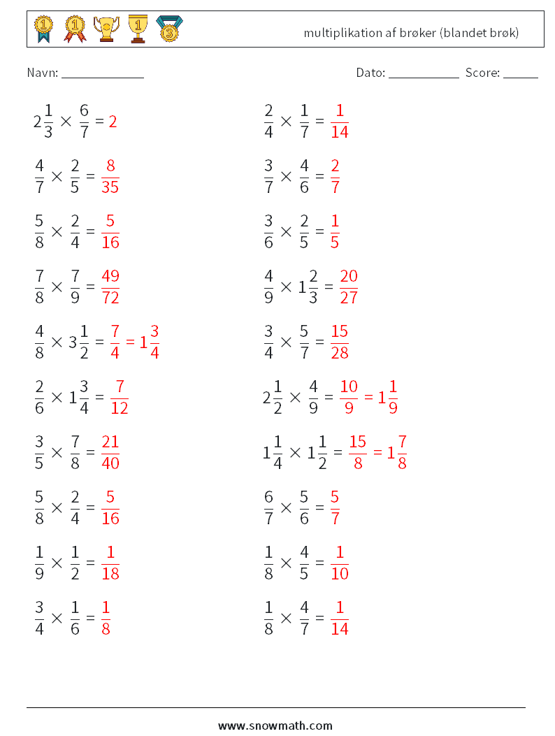 (20) multiplikation af brøker (blandet brøk) Matematiske regneark 4 Spørgsmål, svar