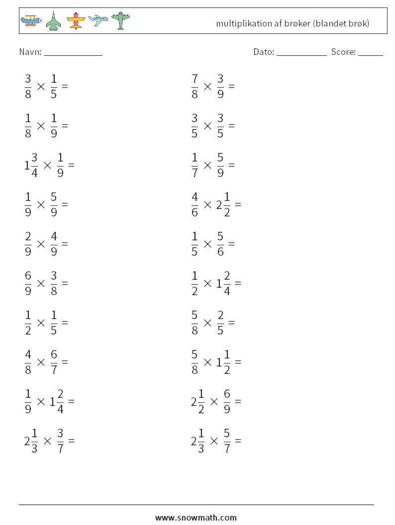 (20) multiplikation af brøker (blandet brøk) Matematiske regneark 5