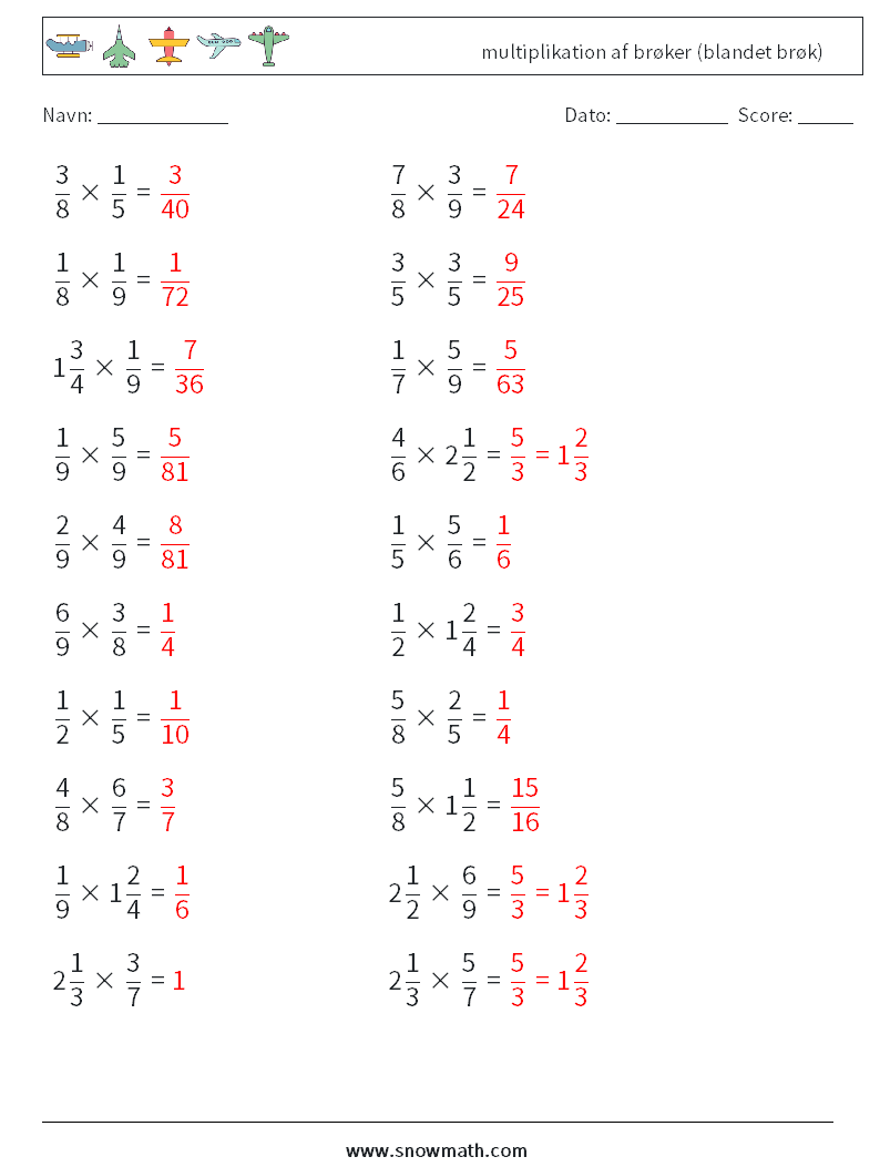 (20) multiplikation af brøker (blandet brøk) Matematiske regneark 5 Spørgsmål, svar
