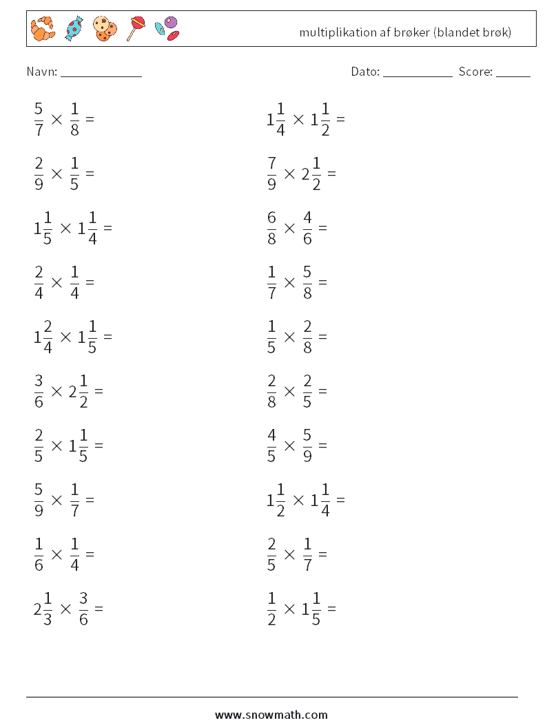 (20) multiplikation af brøker (blandet brøk) Matematiske regneark 6