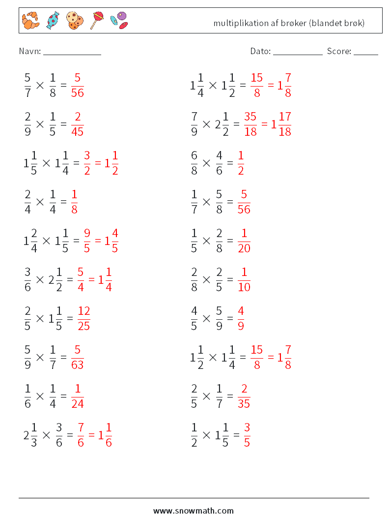 (20) multiplikation af brøker (blandet brøk) Matematiske regneark 6 Spørgsmål, svar