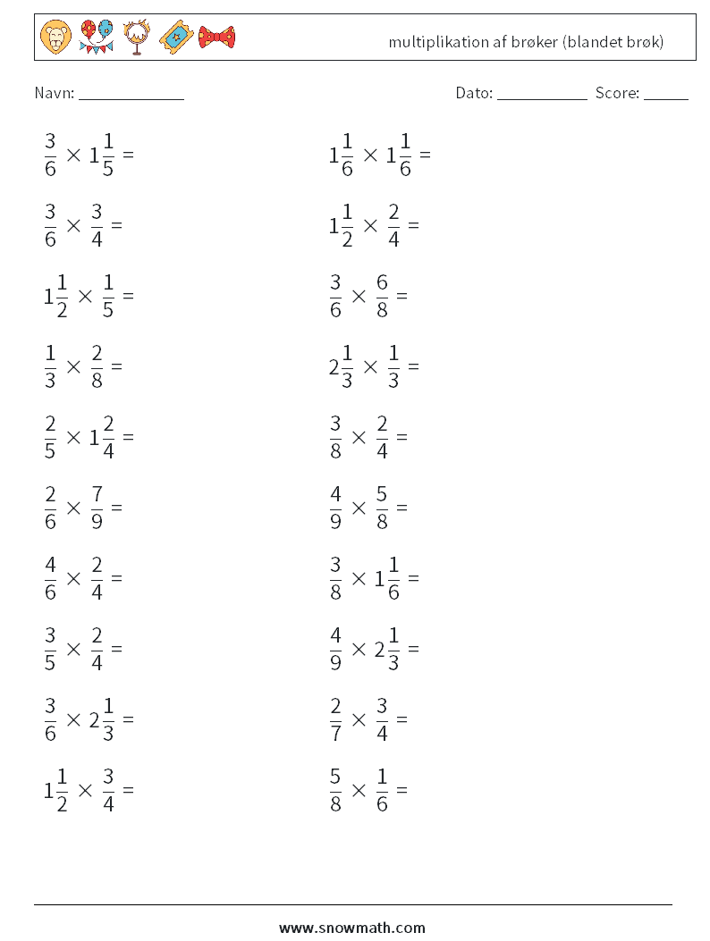(20) multiplikation af brøker (blandet brøk) Matematiske regneark 7