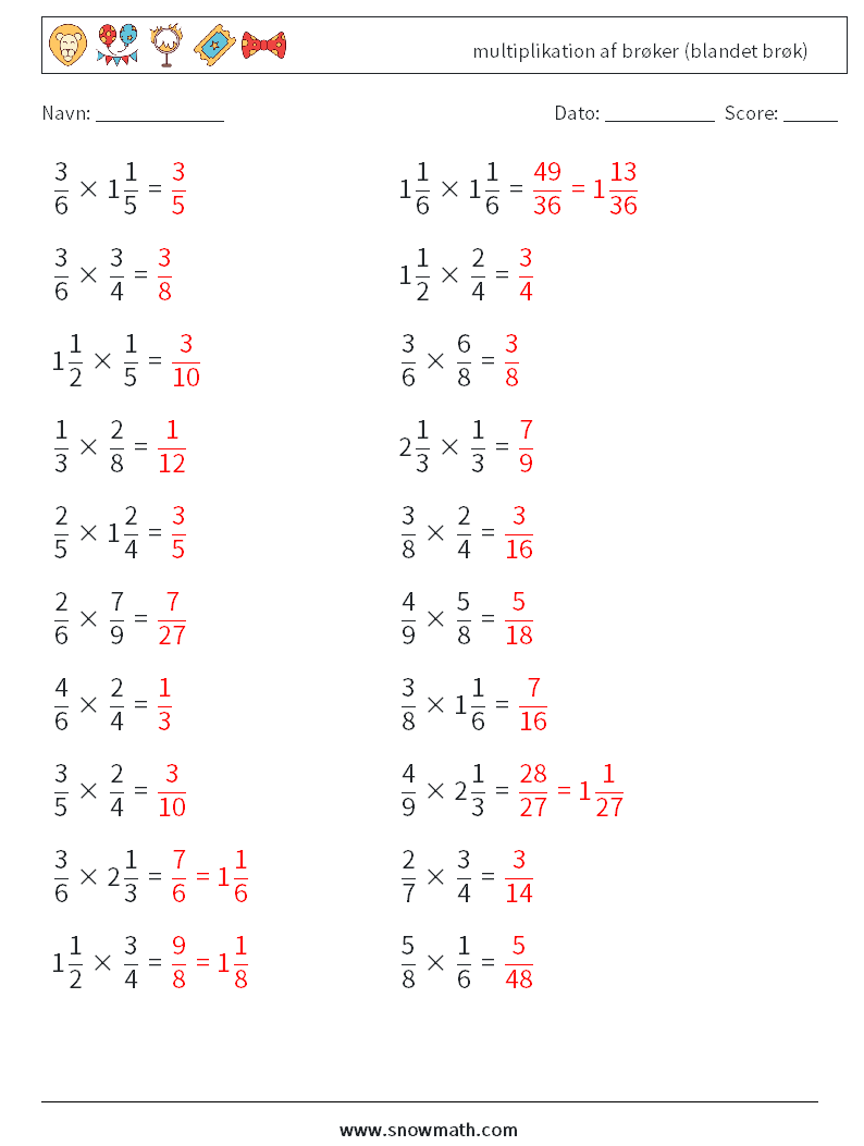 (20) multiplikation af brøker (blandet brøk) Matematiske regneark 7 Spørgsmål, svar