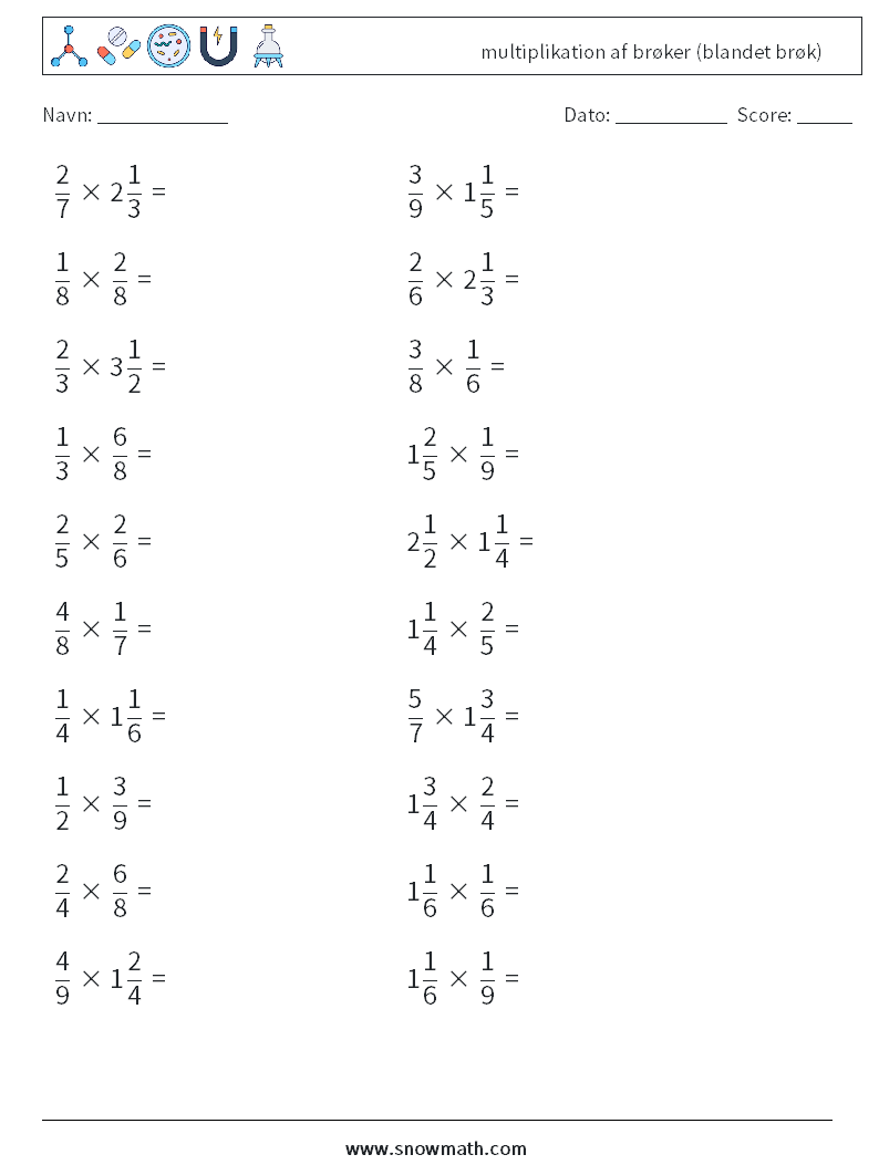 (20) multiplikation af brøker (blandet brøk) Matematiske regneark 8