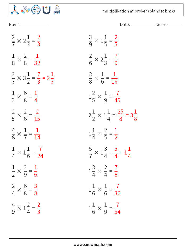 (20) multiplikation af brøker (blandet brøk) Matematiske regneark 8 Spørgsmål, svar