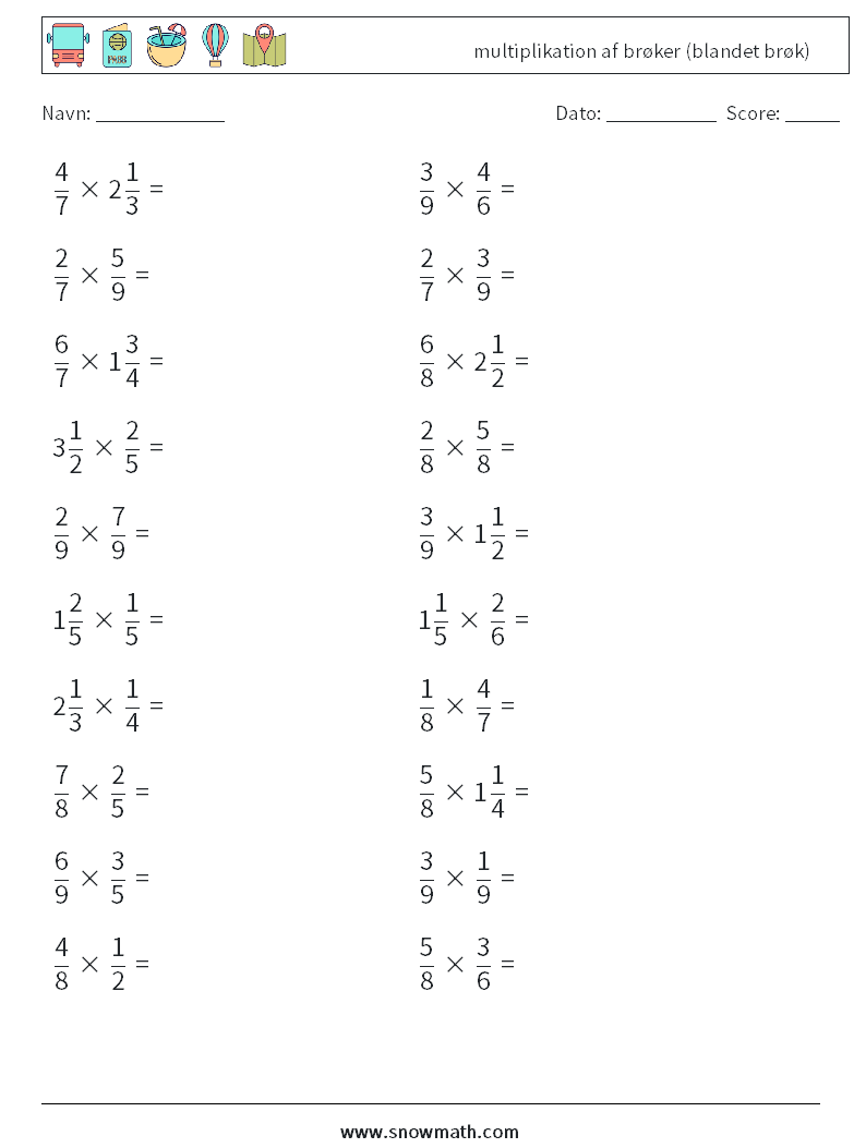 (20) multiplikation af brøker (blandet brøk) Matematiske regneark 9