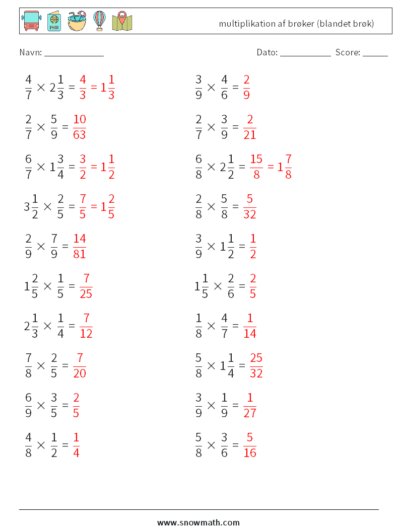 (20) multiplikation af brøker (blandet brøk) Matematiske regneark 9 Spørgsmål, svar