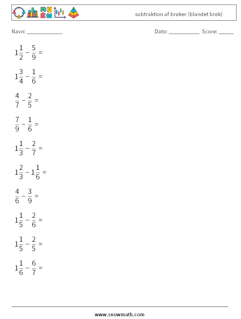 (10) subtraktion af brøker (blandet brøk) Matematiske regneark 1