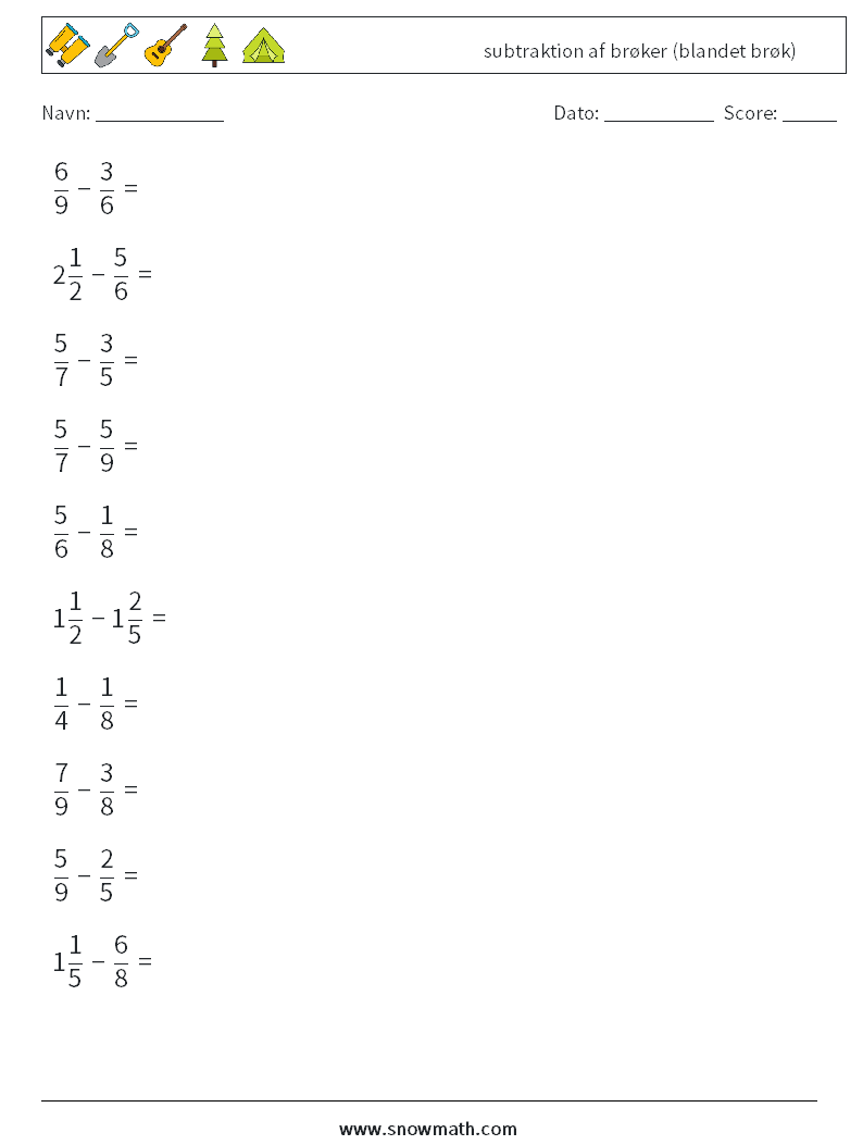 (10) subtraktion af brøker (blandet brøk) Matematiske regneark 10