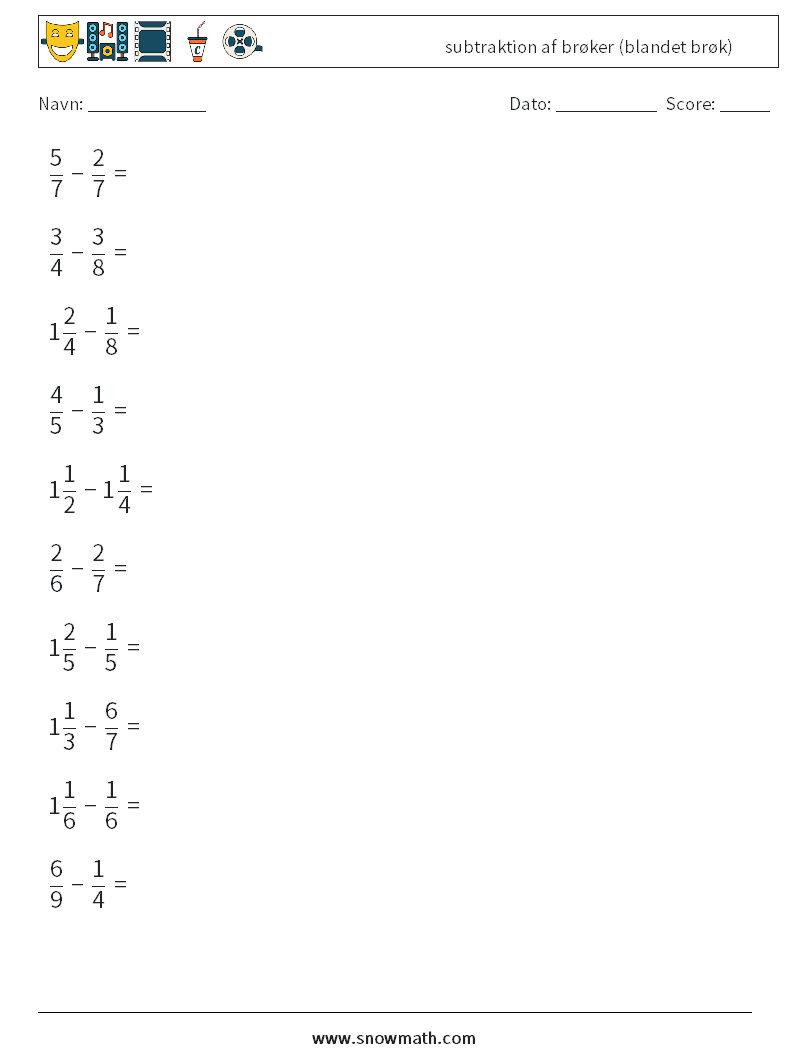 (10) subtraktion af brøker (blandet brøk) Matematiske regneark 11