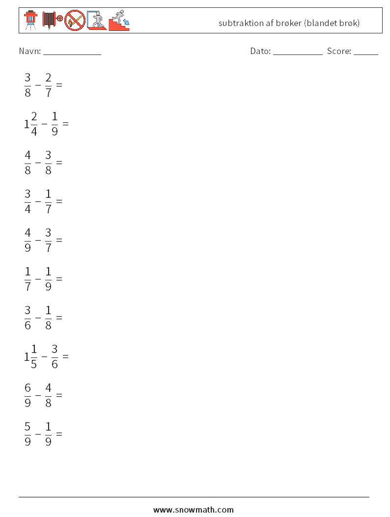 (10) subtraktion af brøker (blandet brøk) Matematiske regneark 12