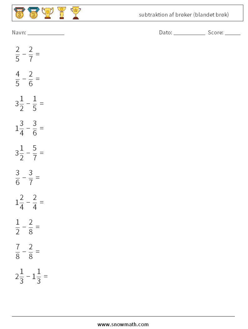 (10) subtraktion af brøker (blandet brøk) Matematiske regneark 13