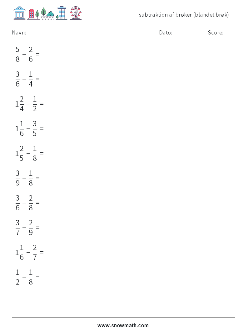 (10) subtraktion af brøker (blandet brøk) Matematiske regneark 14