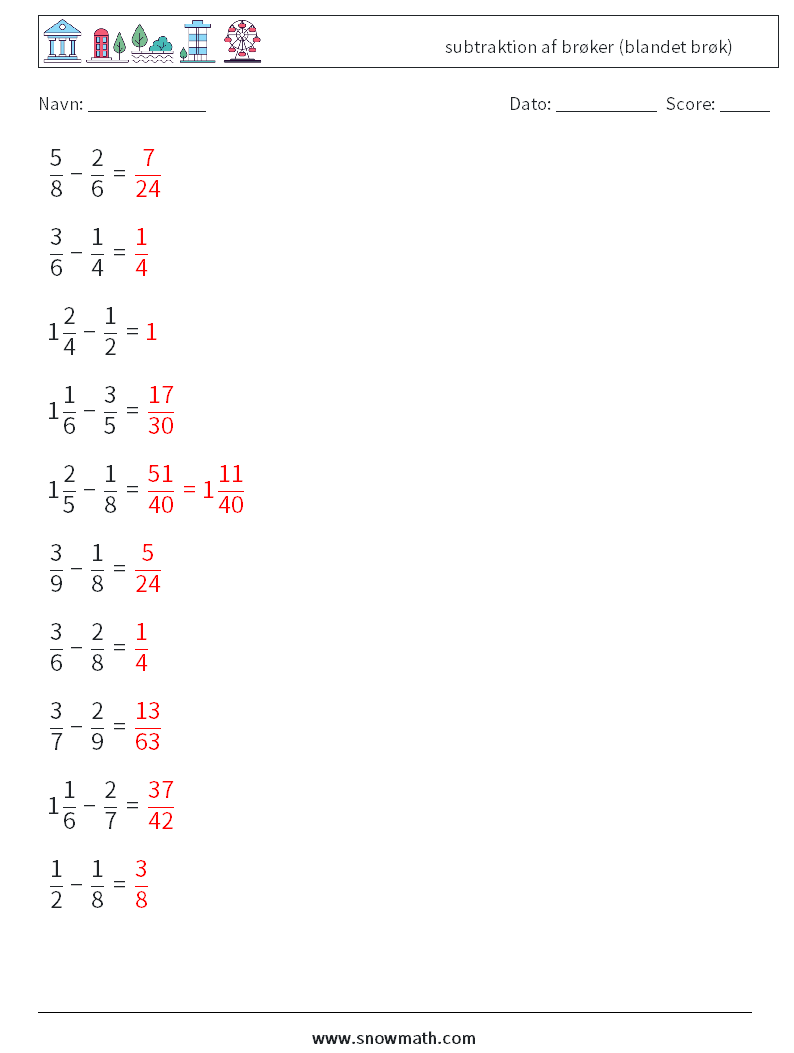 (10) subtraktion af brøker (blandet brøk) Matematiske regneark 14 Spørgsmål, svar