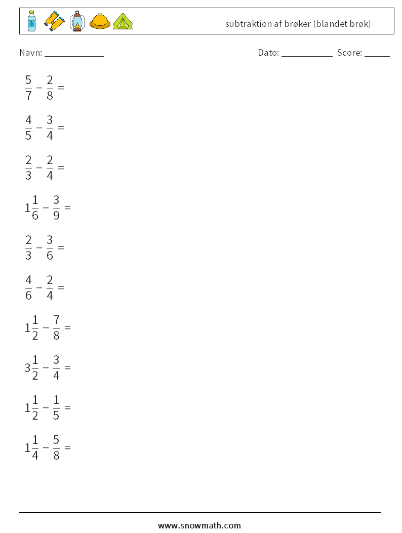 (10) subtraktion af brøker (blandet brøk) Matematiske regneark 16