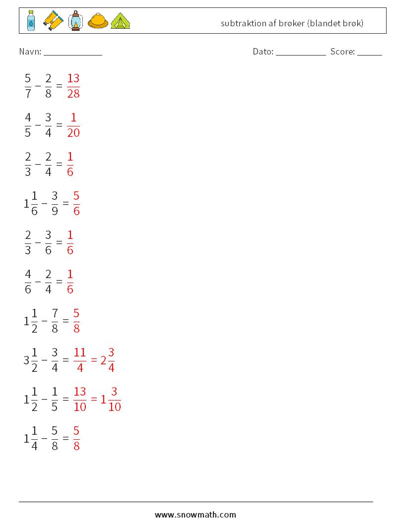 (10) subtraktion af brøker (blandet brøk) Matematiske regneark 16 Spørgsmål, svar